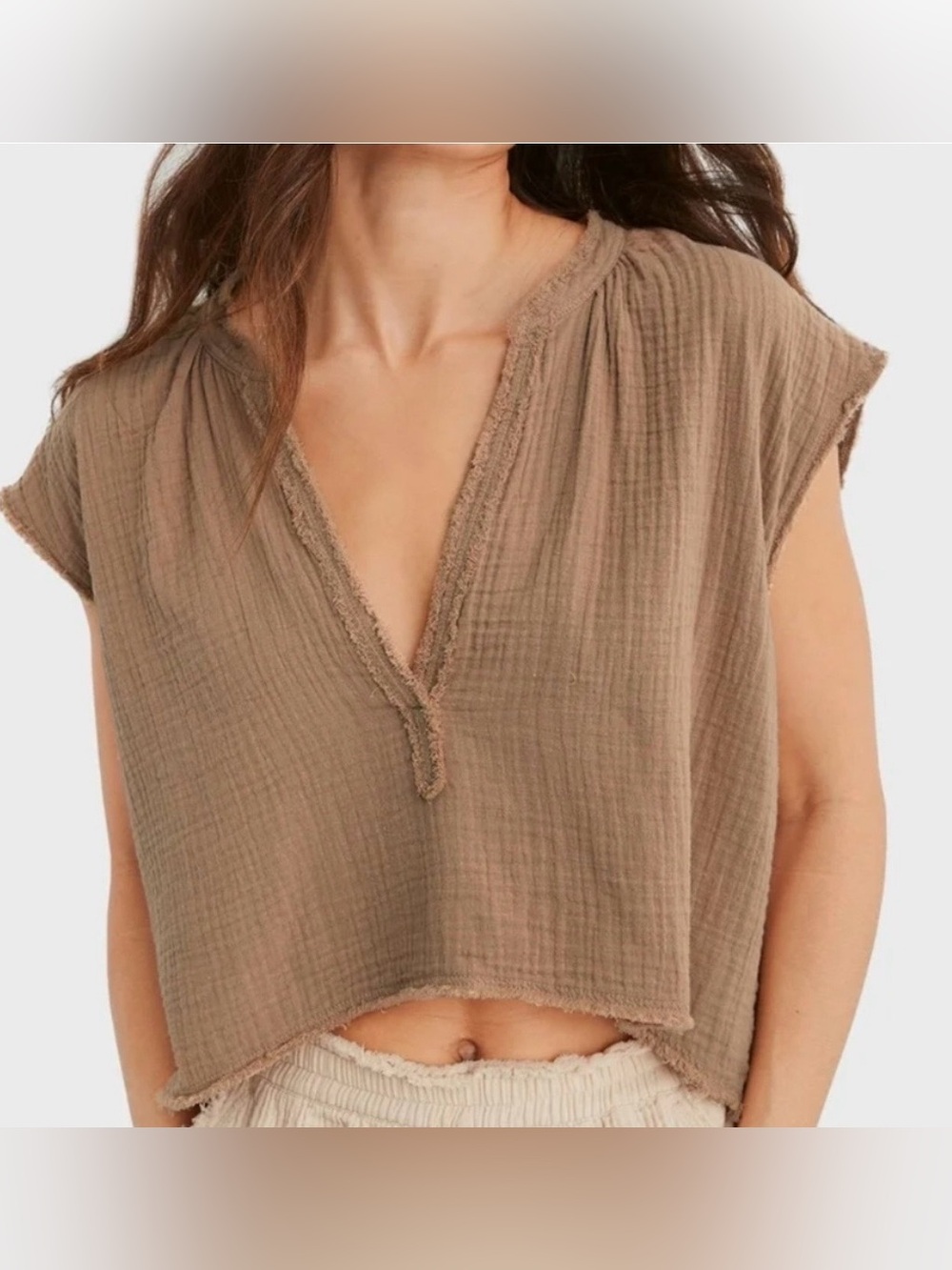 aerie Small Pool to Party Brown Taupe Cotton Gauze Cropped V-Neck Top